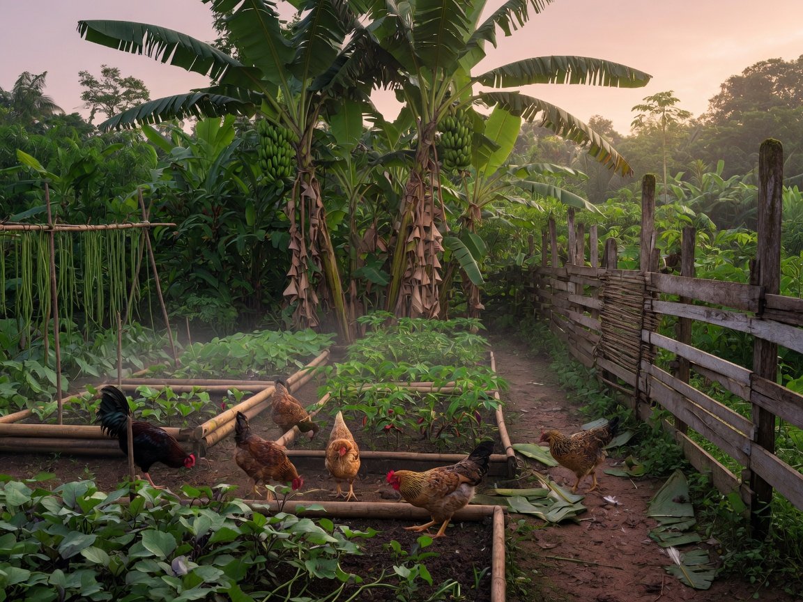 Ladang organik Agro Bonda dengan ayam kampung umbaran di antara tanaman dan pokok pisang