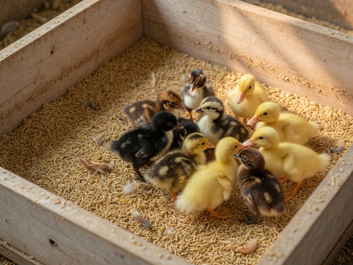 Anak ayam kampung asli dan anak itik dalam kotak brooder