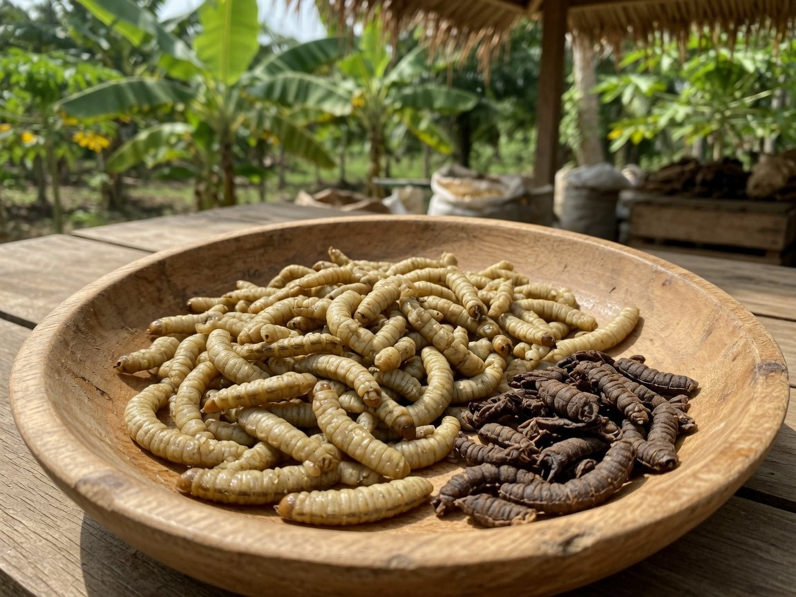 Black Soldier Fly larvae hidup dan kering dalam mangkuk kayu