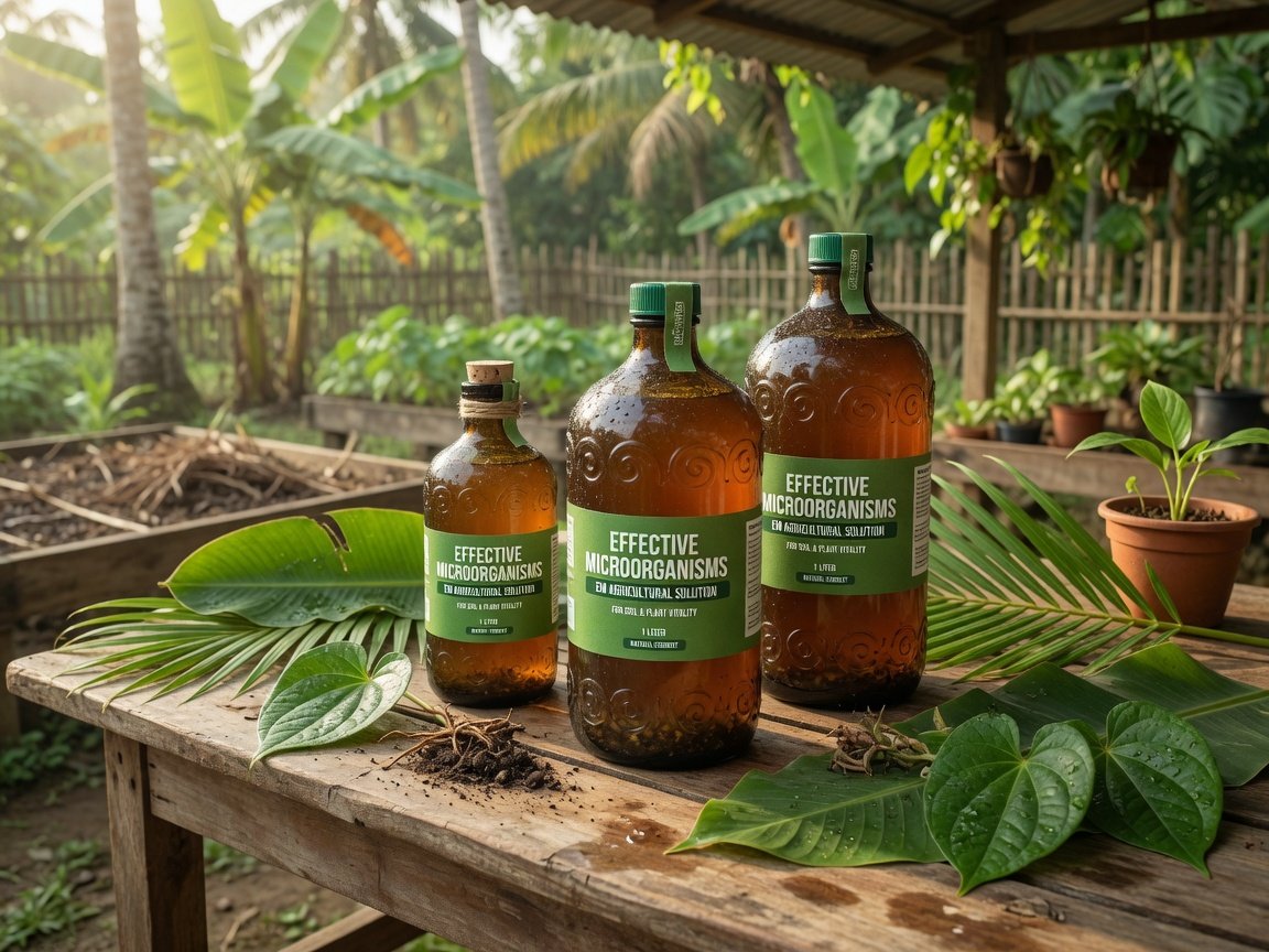 Botol Effective Microorganism di atas meja ladang